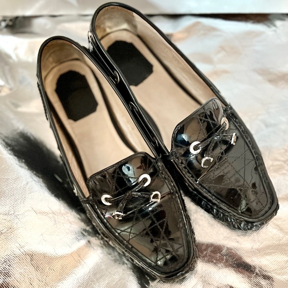 Dior Black Cannage Patent Leather Bow Slip-On Loafers size 38.5 - Picture 2 of 11